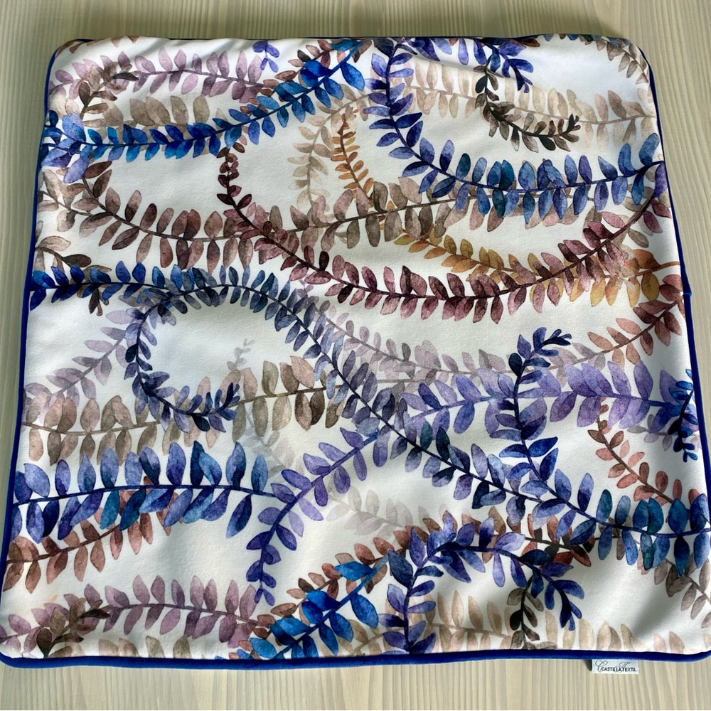 Castilla Textil Botanical Pillow Cover Blues Pinks Browns on Cream Navy Piping